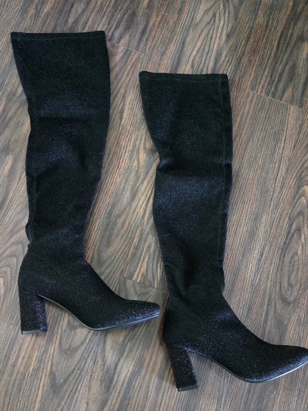 Sexy Black & Sparkly Metallic Thigh-High Block Heeled Boots NWOT/SIZE 8